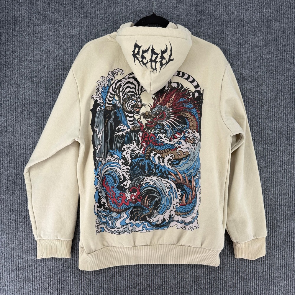 Rebel Vengeance Men XL Tan Graphic Hoodie Metal Logo Pullover Sweatshirt Beige
